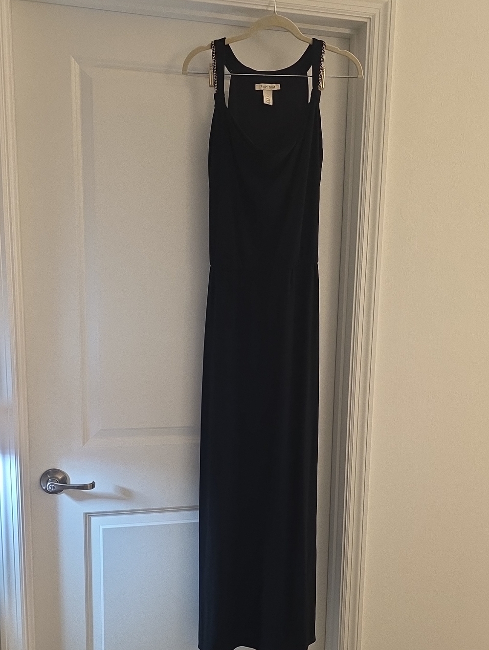 White House Black Market Black Maxi Dress with Embellished Gold Chain Straps